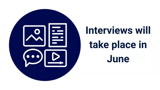 Graphic of different kinds of media - an image, a document, a video and an instant message speech mark. Text to the right says: Interviews will take place in June